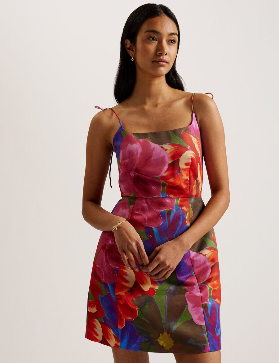 jyneen - vestido curto com corpete estampado e ajustado