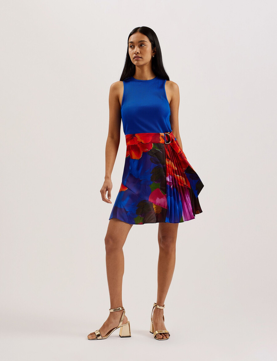sandiyy - minivestido plissado estampado com corpete de malha