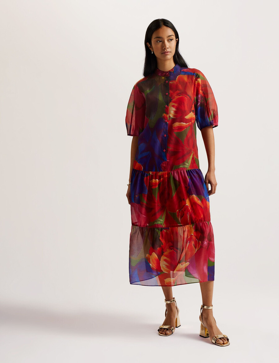 miru - vestido midi de organza com flores tropicais