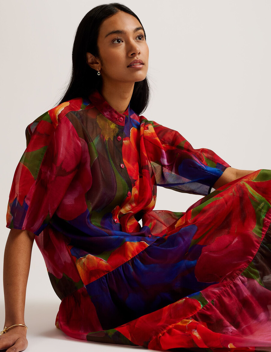 miru - vestido midi de organza com flores tropicais
