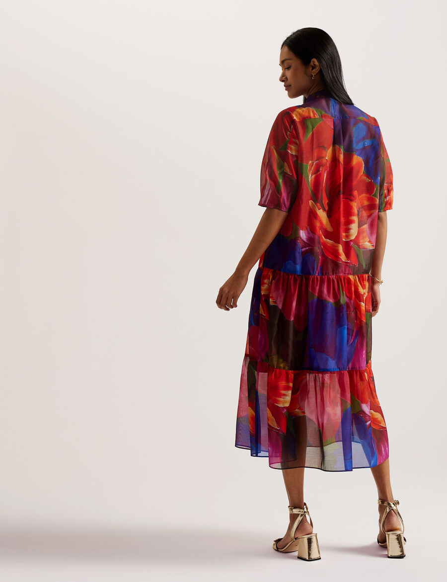 miru - vestido midi de organza com flores tropicais