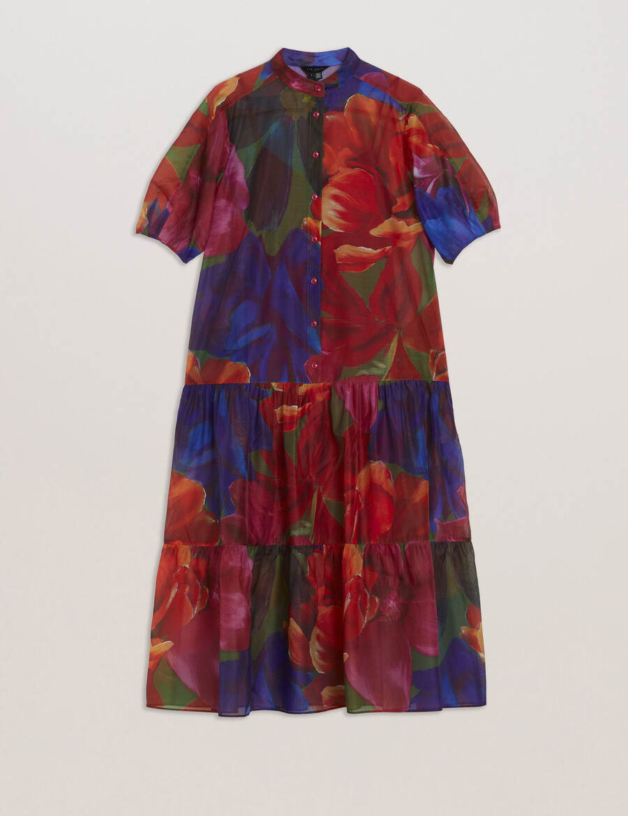 miru - vestido midi de organza com flores tropicais