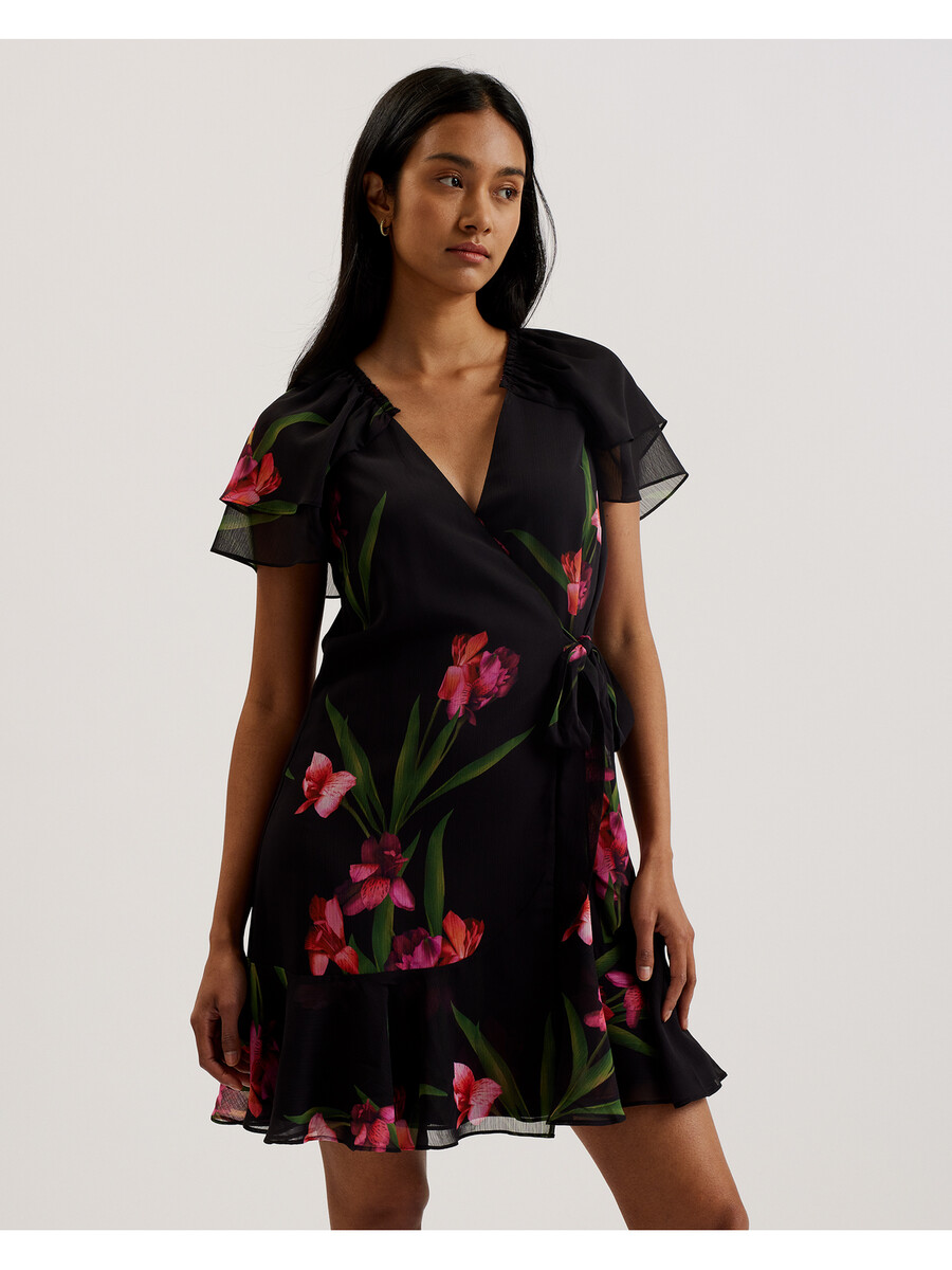 fasnia - vestido curto envelope floral com mangas angelicais