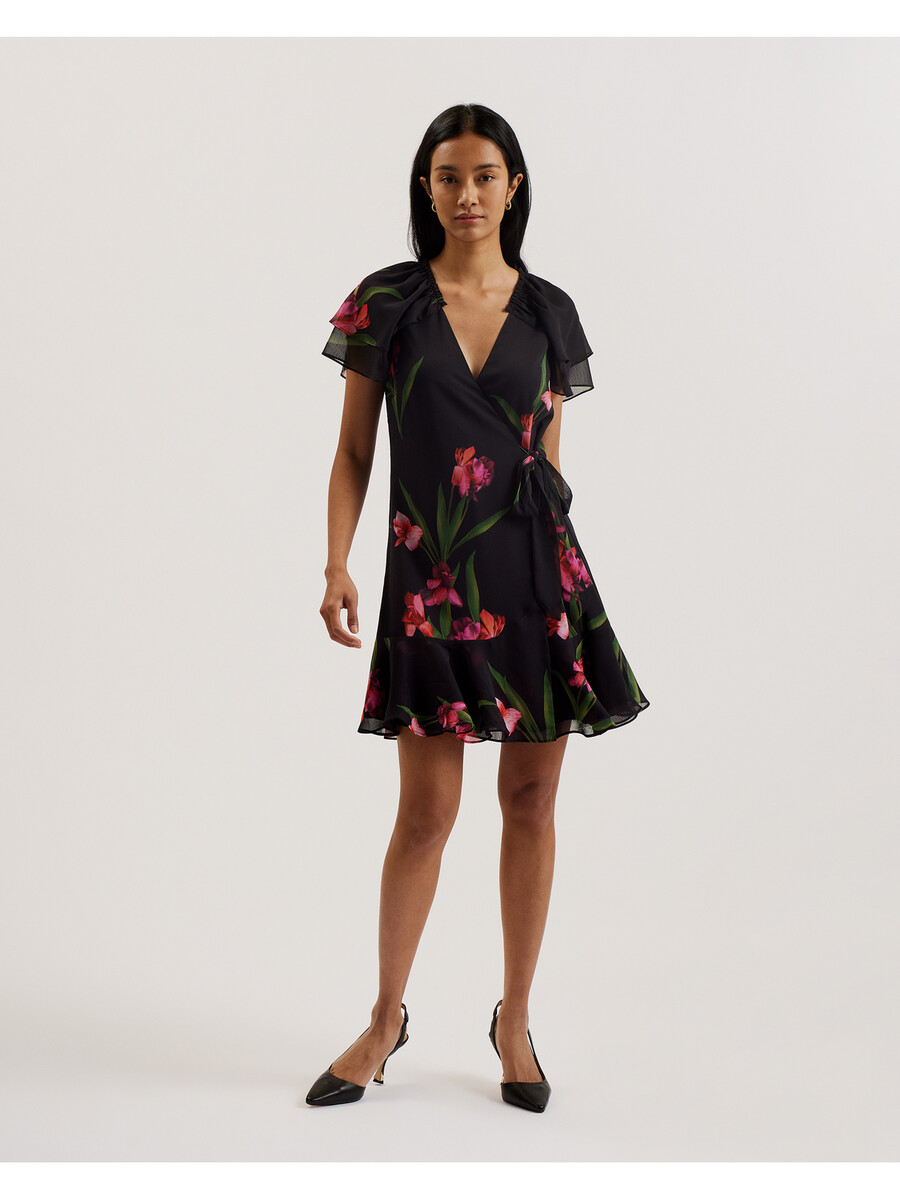 fasnia - vestido curto envelope floral com mangas angelicais
