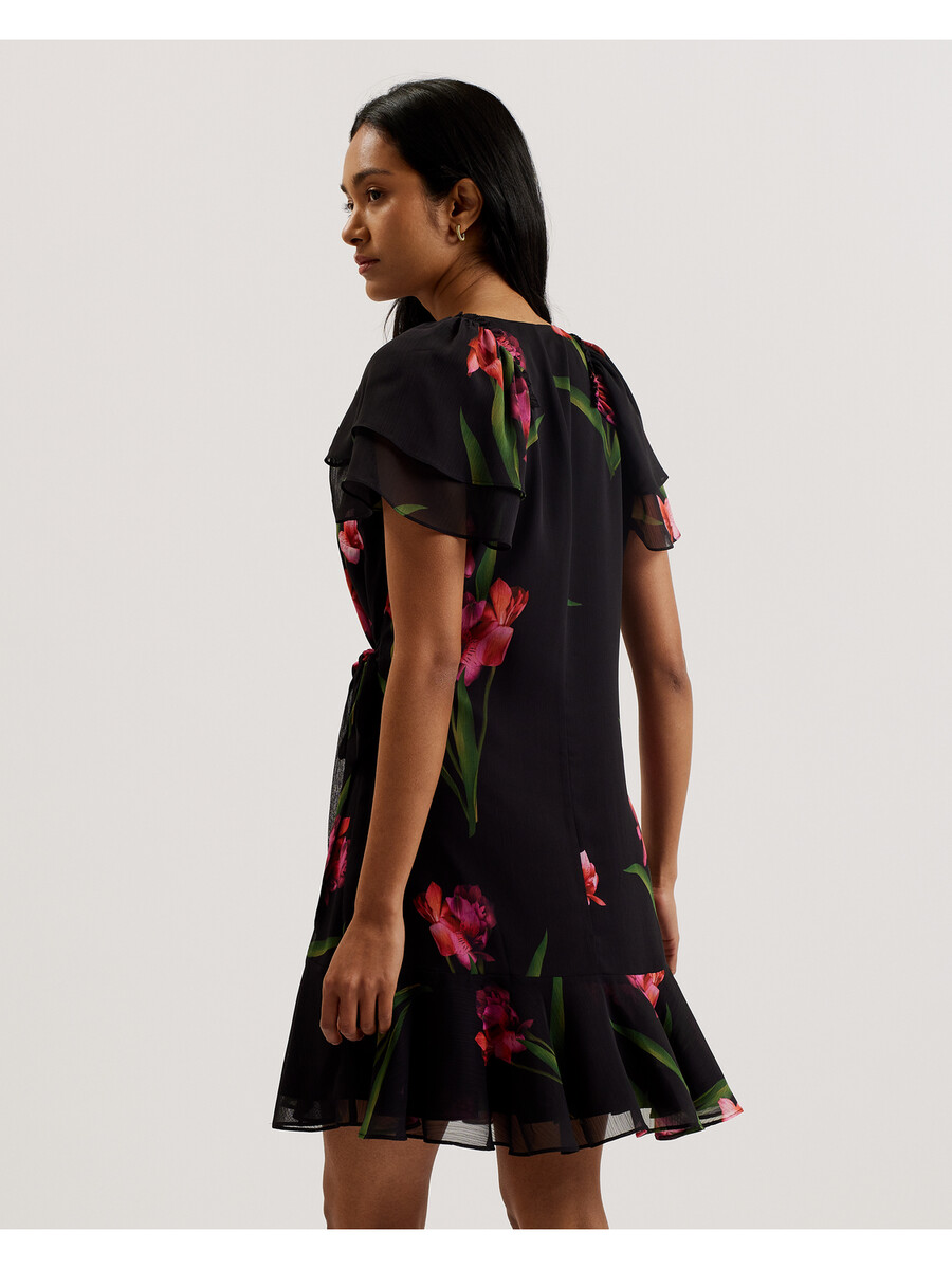 fasnia - vestido curto envelope floral com mangas angelicais