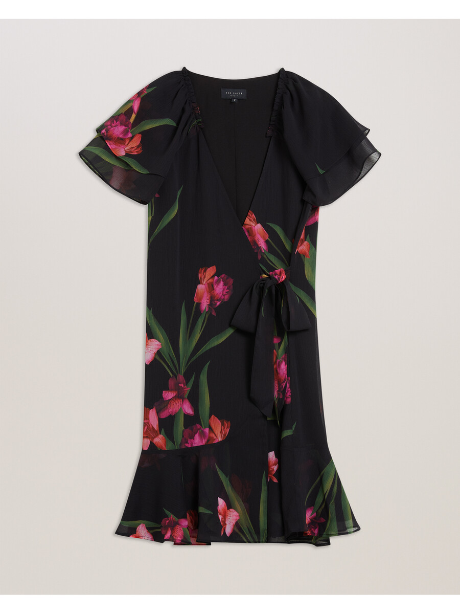 fasnia - vestido curto envelope floral com mangas angelicais