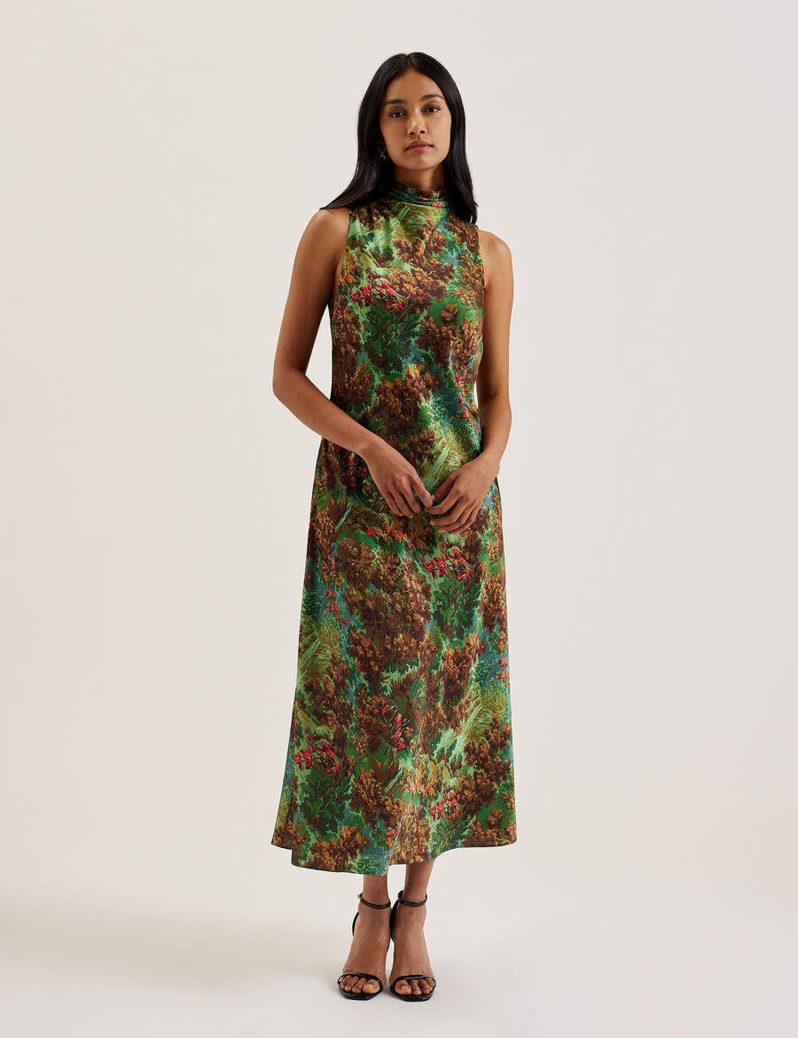 eyva - vestido midi de cetim estampado com gola alta