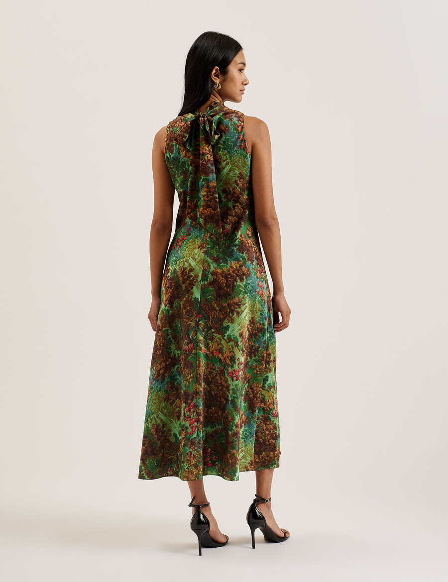 eyva - vestido midi de cetim estampado com gola alta