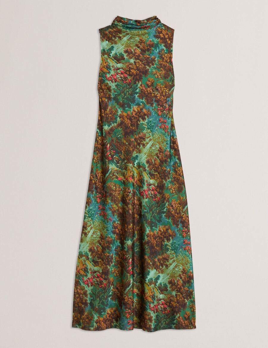 eyva - vestido midi de cetim estampado com gola alta