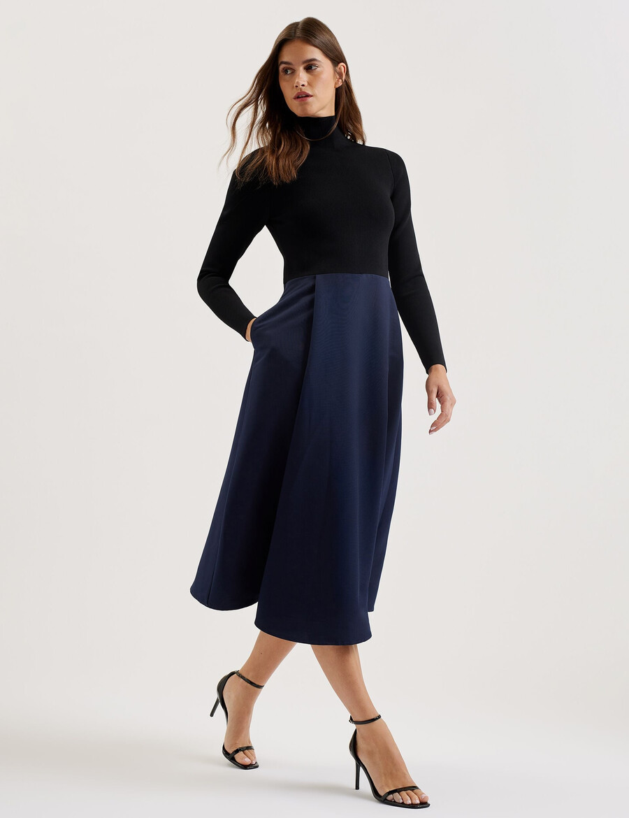 chira - vestido midi com corpete de malha e saia envelope