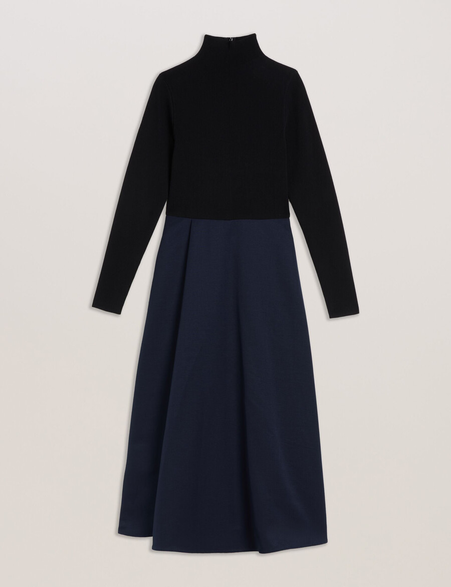 chira - vestido midi com corpete de malha e saia envelope