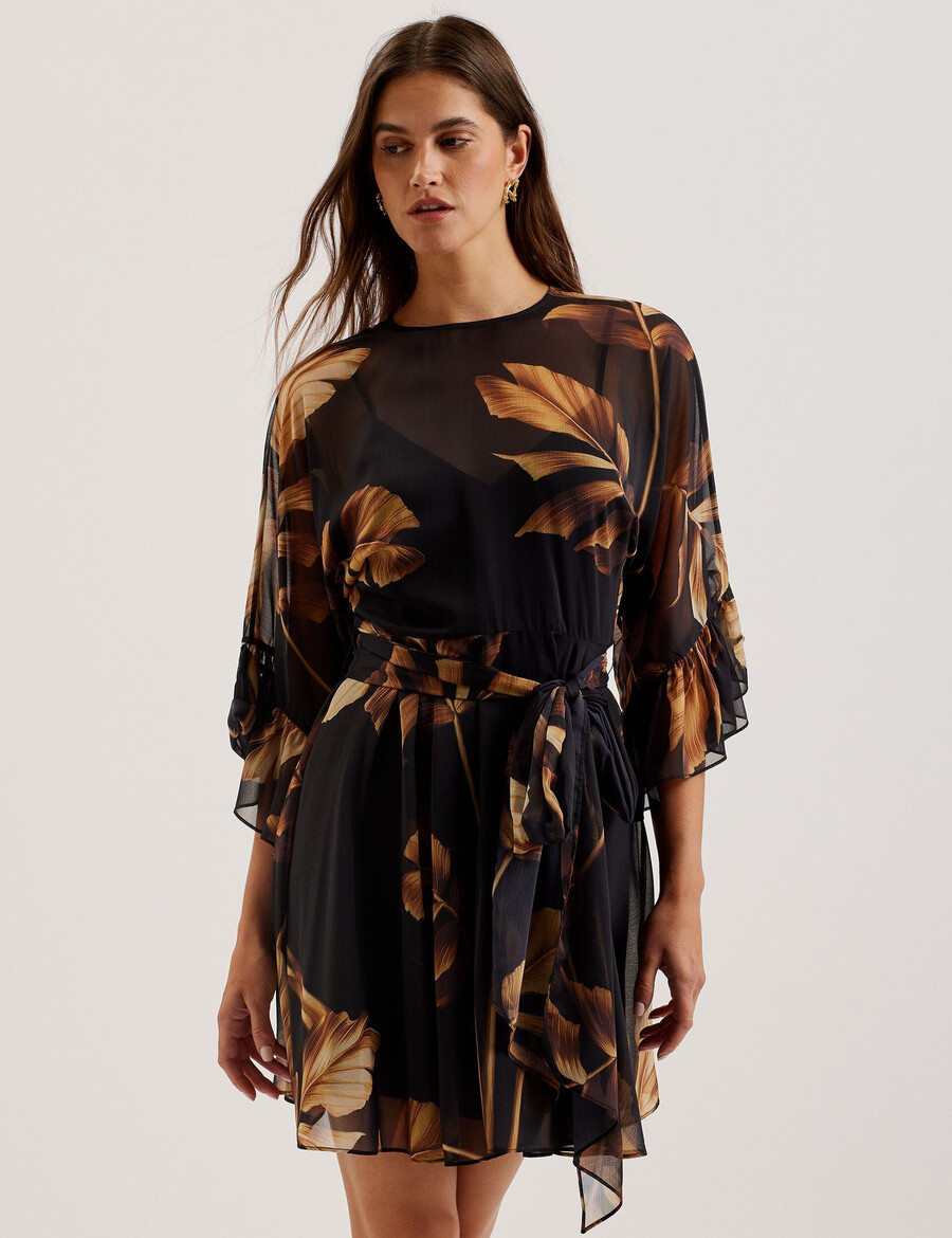 elster - minivestido de chiffon estampado com amarração na cintura