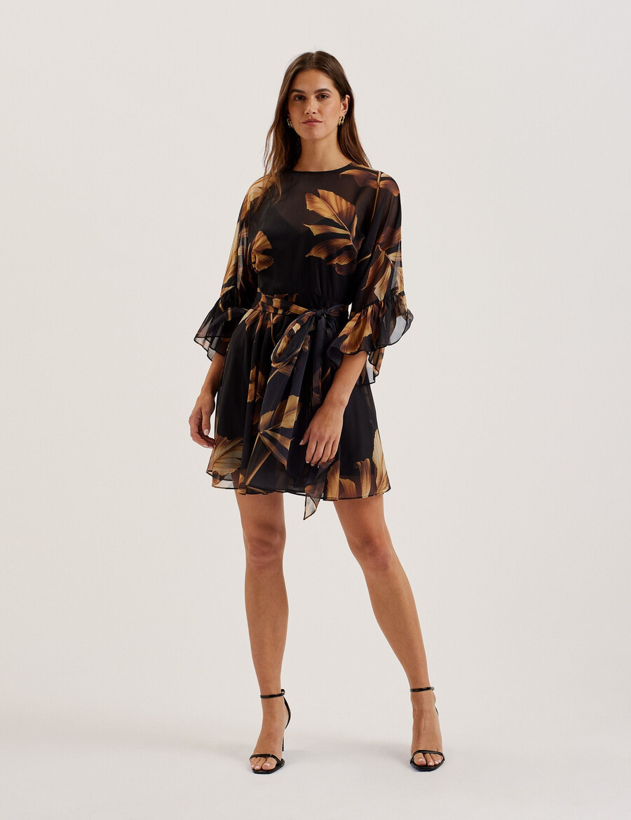 elster - minivestido de chiffon estampado com amarração na cintura