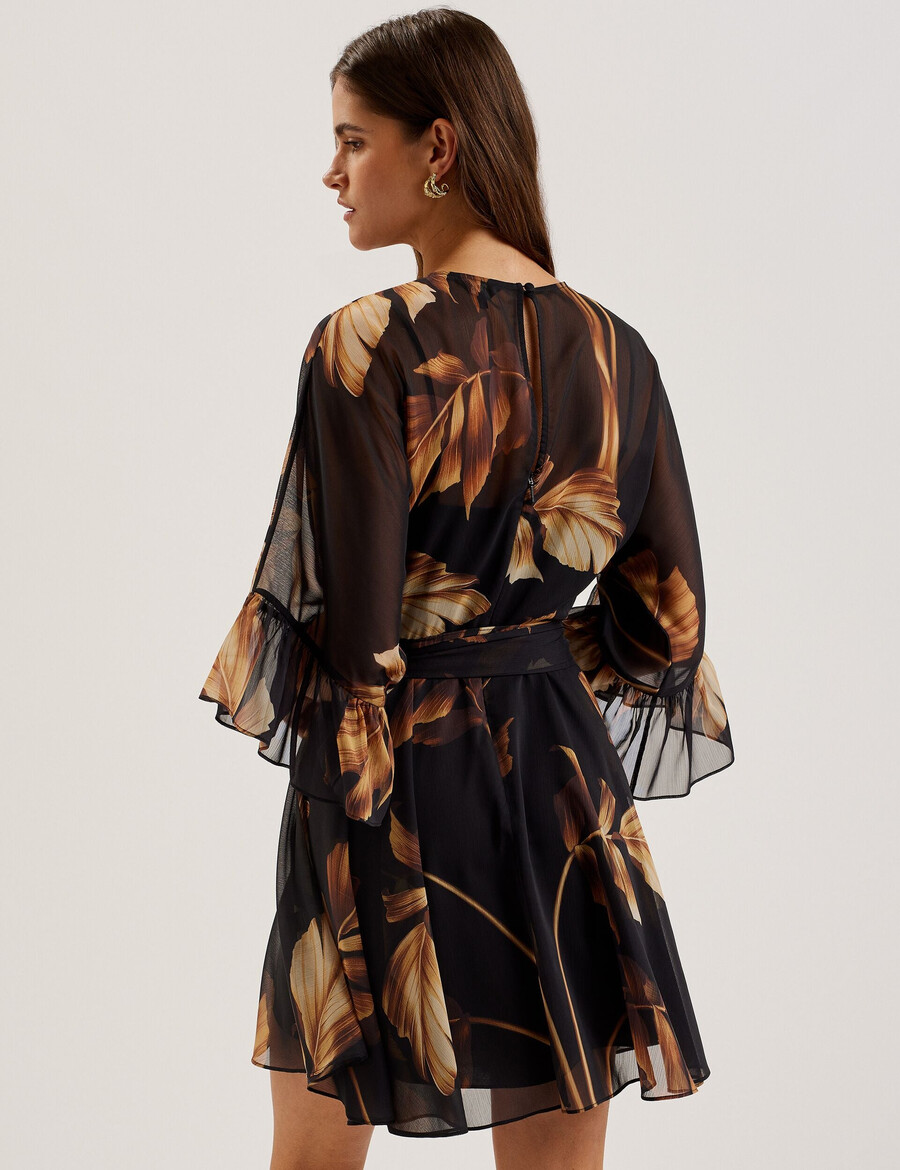 elster - minivestido de chiffon estampado com amarração na cintura