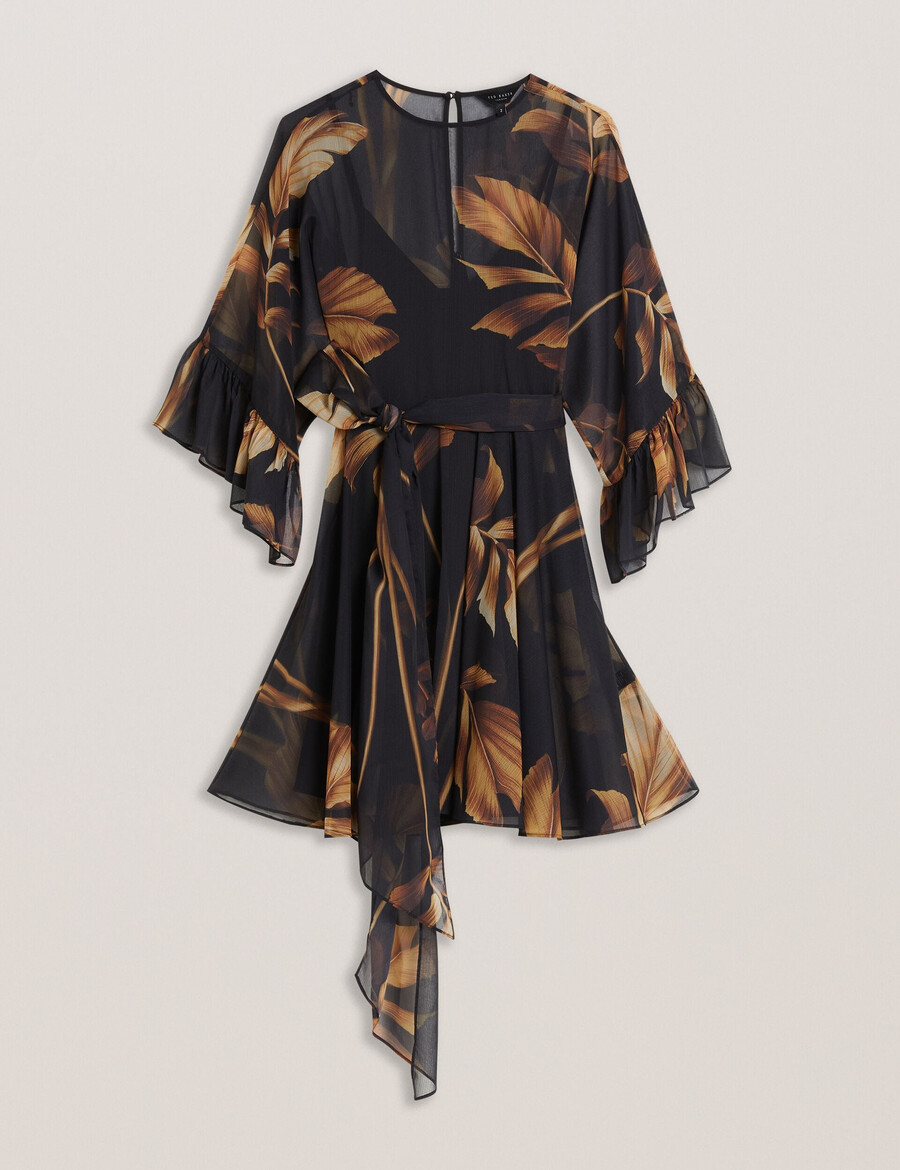 elster - minivestido de chiffon estampado com amarração na cintura