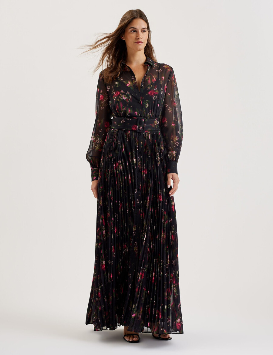 ceiba - vestido camisa maxi plissado com estampa floral