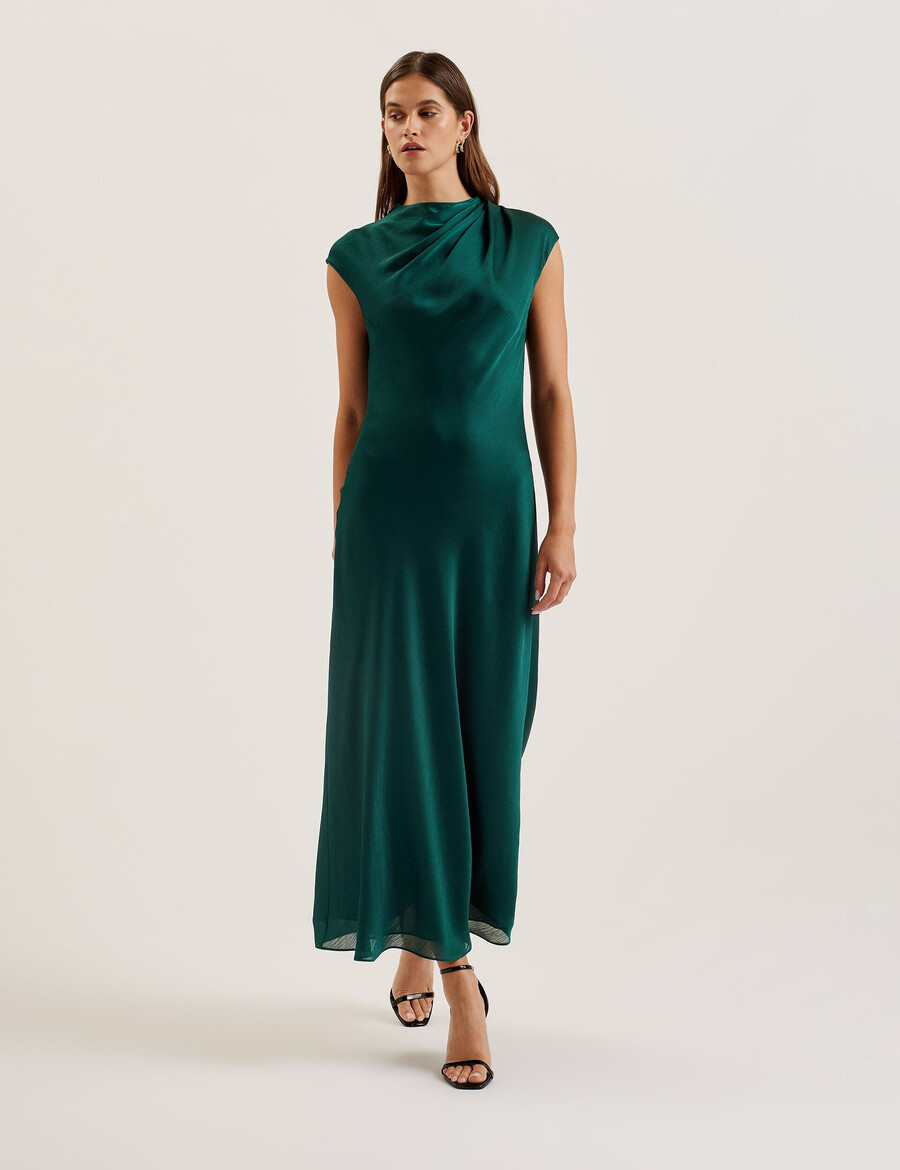 rimini - vestido midi com detalhe drapeado no decote em chiffon