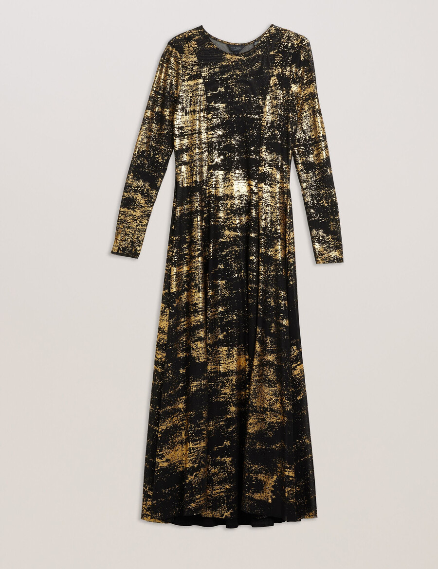 junhaa - vestido midi de malha com mangas compridas e estampa metalizada