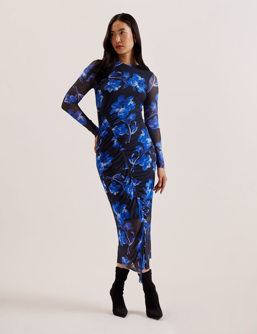 marliyy - vestido midi justo com estampa floral e detalhes em tule