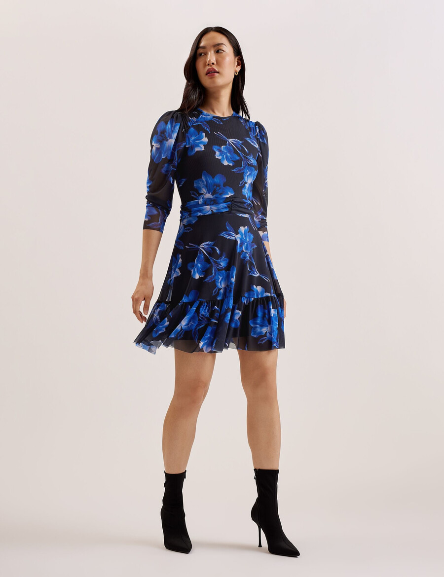 carmall - vestido curto floral de tule com mangas bufantes