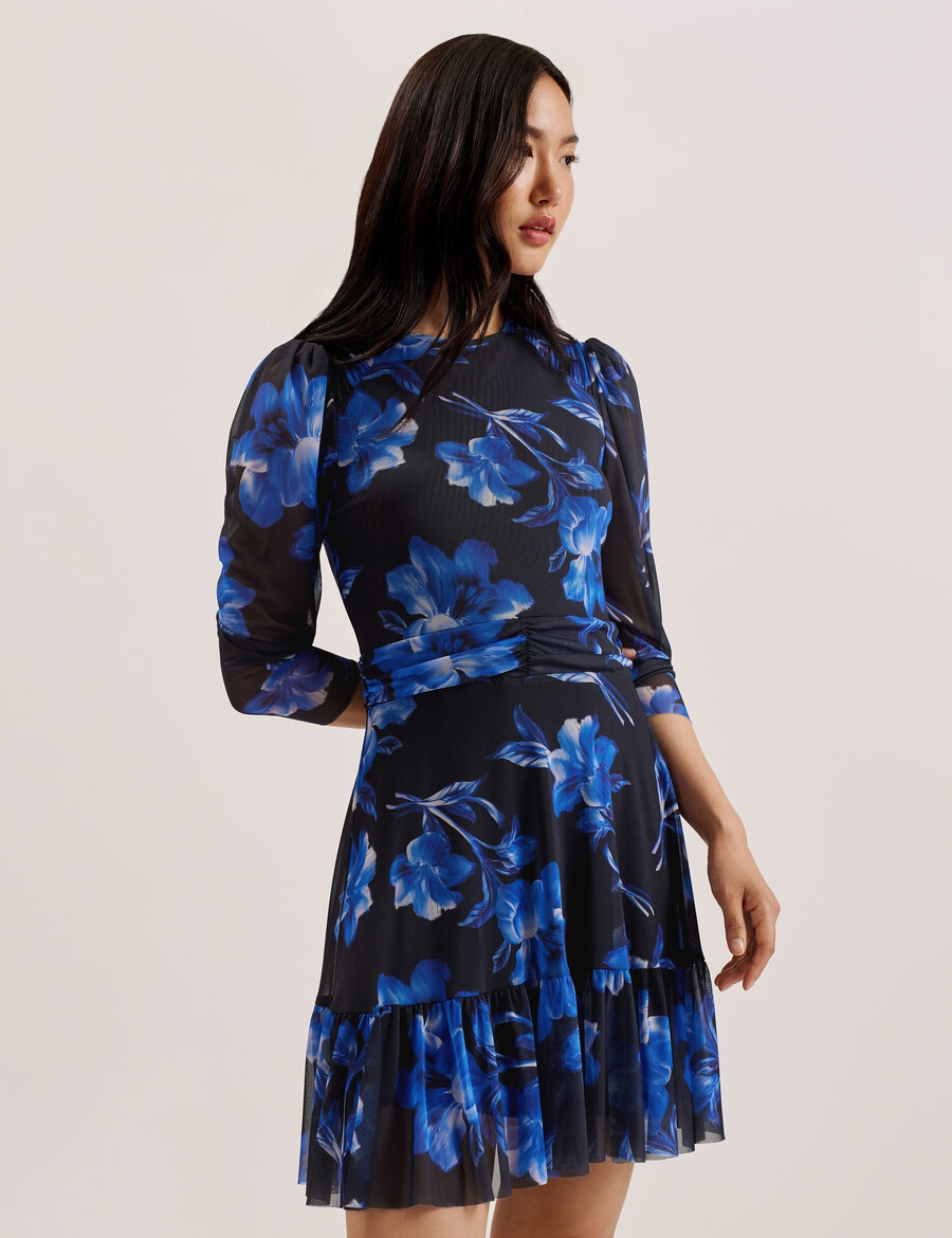 carmall - vestido curto floral de tule com mangas bufantes