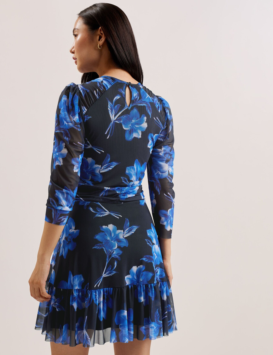 carmall - vestido curto floral de tule com mangas bufantes