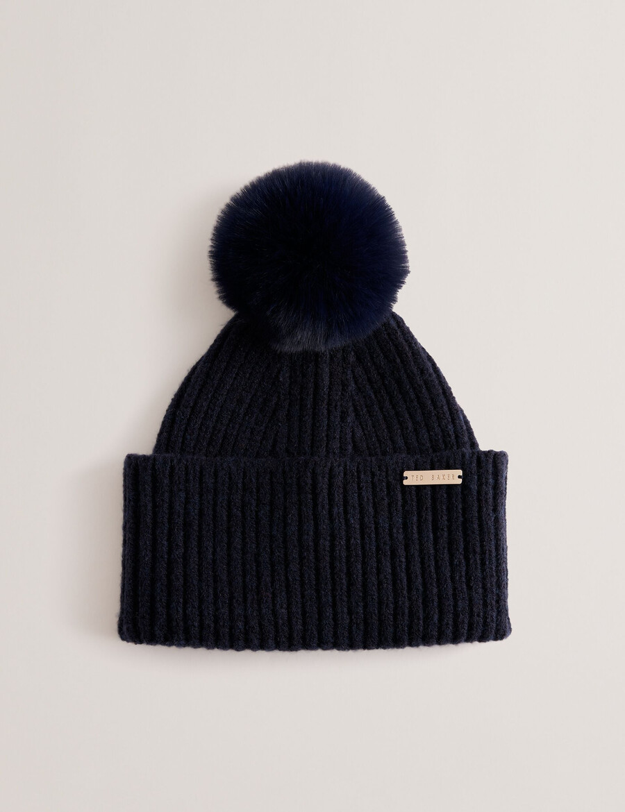 emilyya - gorro de malha canelada com pompom felpudo