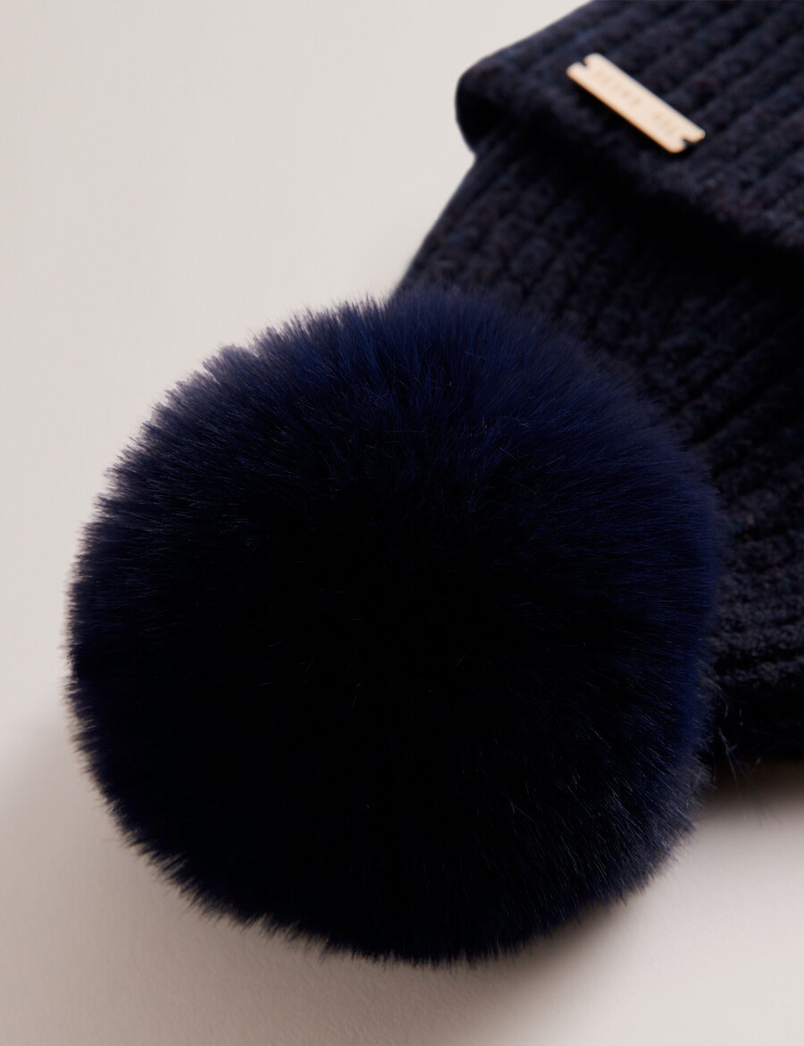 emilyya - gorro de malha canelada com pompom felpudo