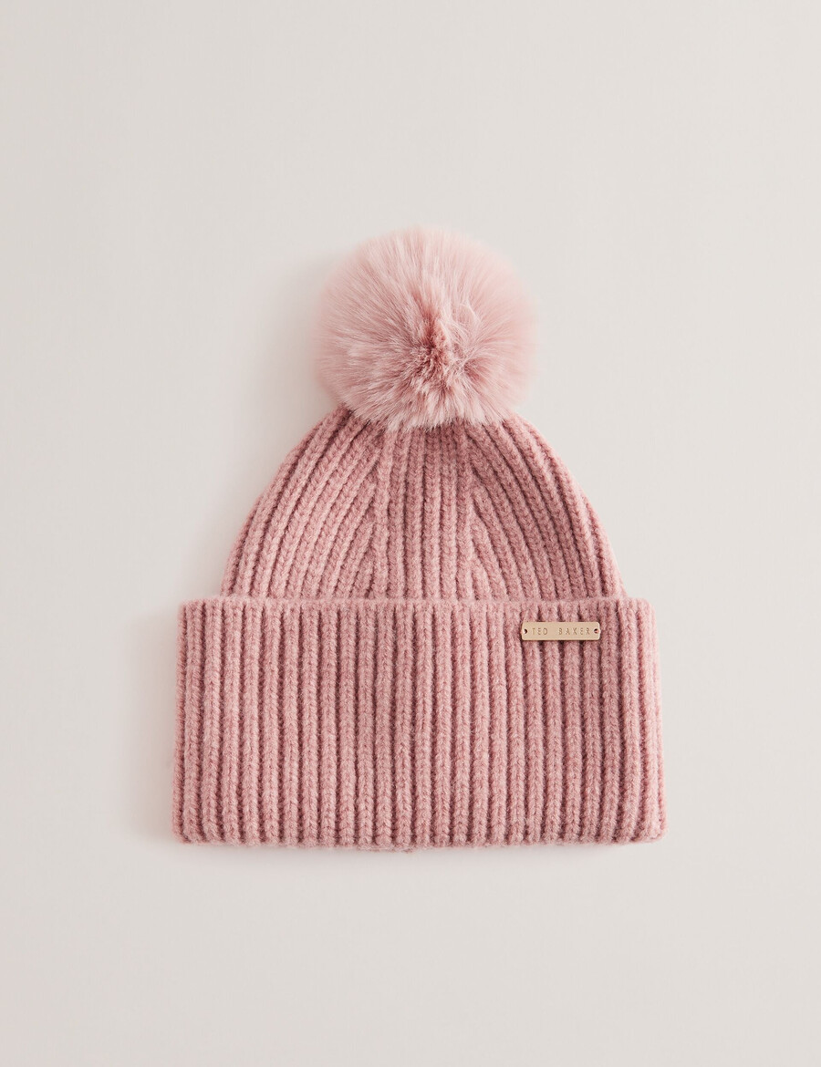 emilyya - gorro de malha canelada com pompom felpudo
