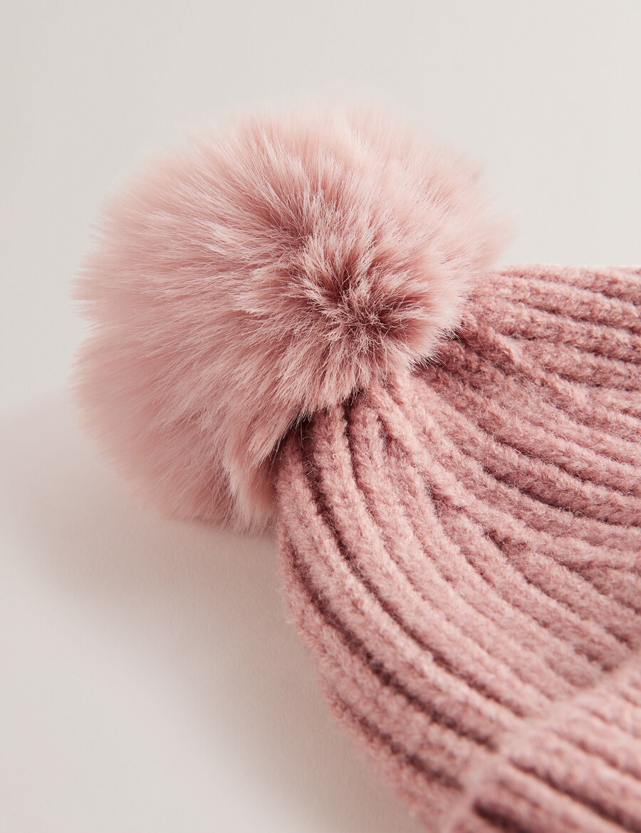 emilyya - gorro de malha canelada com pompom felpudo
