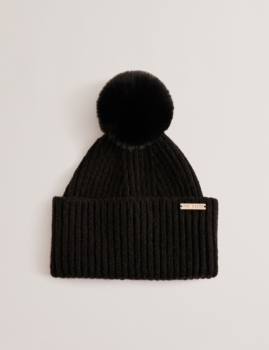 emilyya - gorro de malha canelada com pompom felpudo