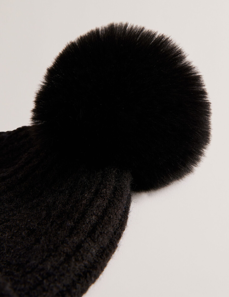 emilyya - gorro de malha canelada com pompom felpudo