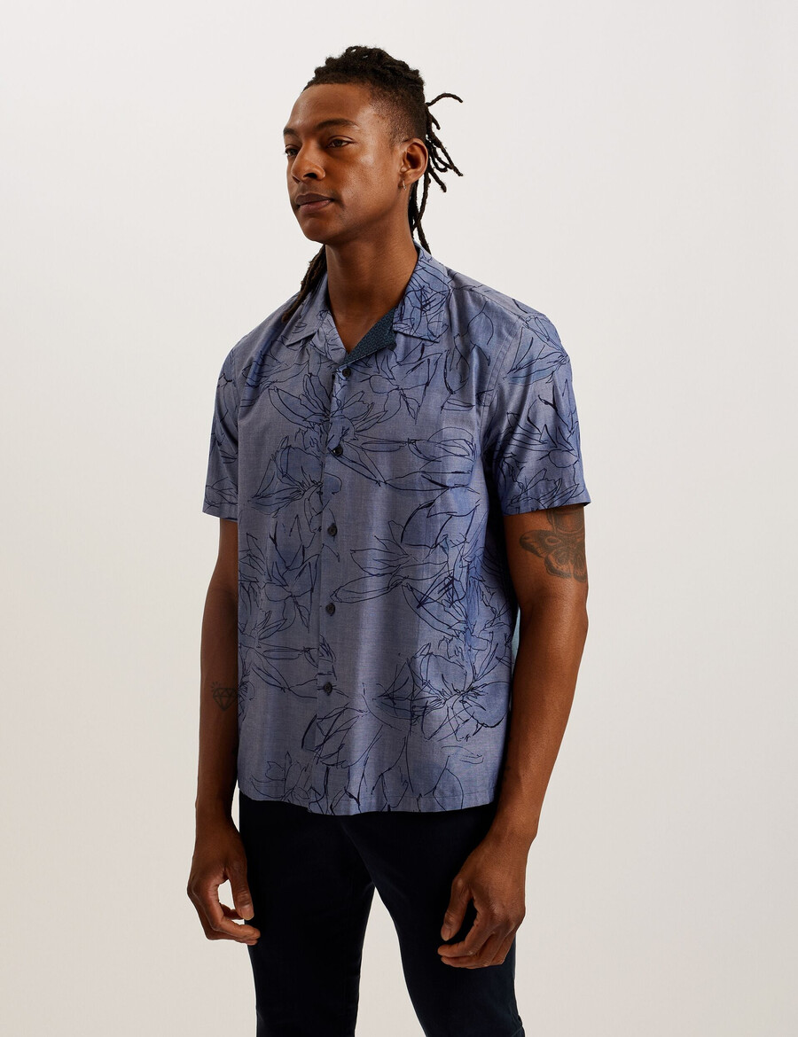 terroni - camisa de algodão chambray floral de manga curta