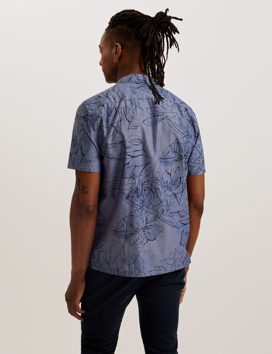 terroni - camisa de algodão chambray floral de manga curta
