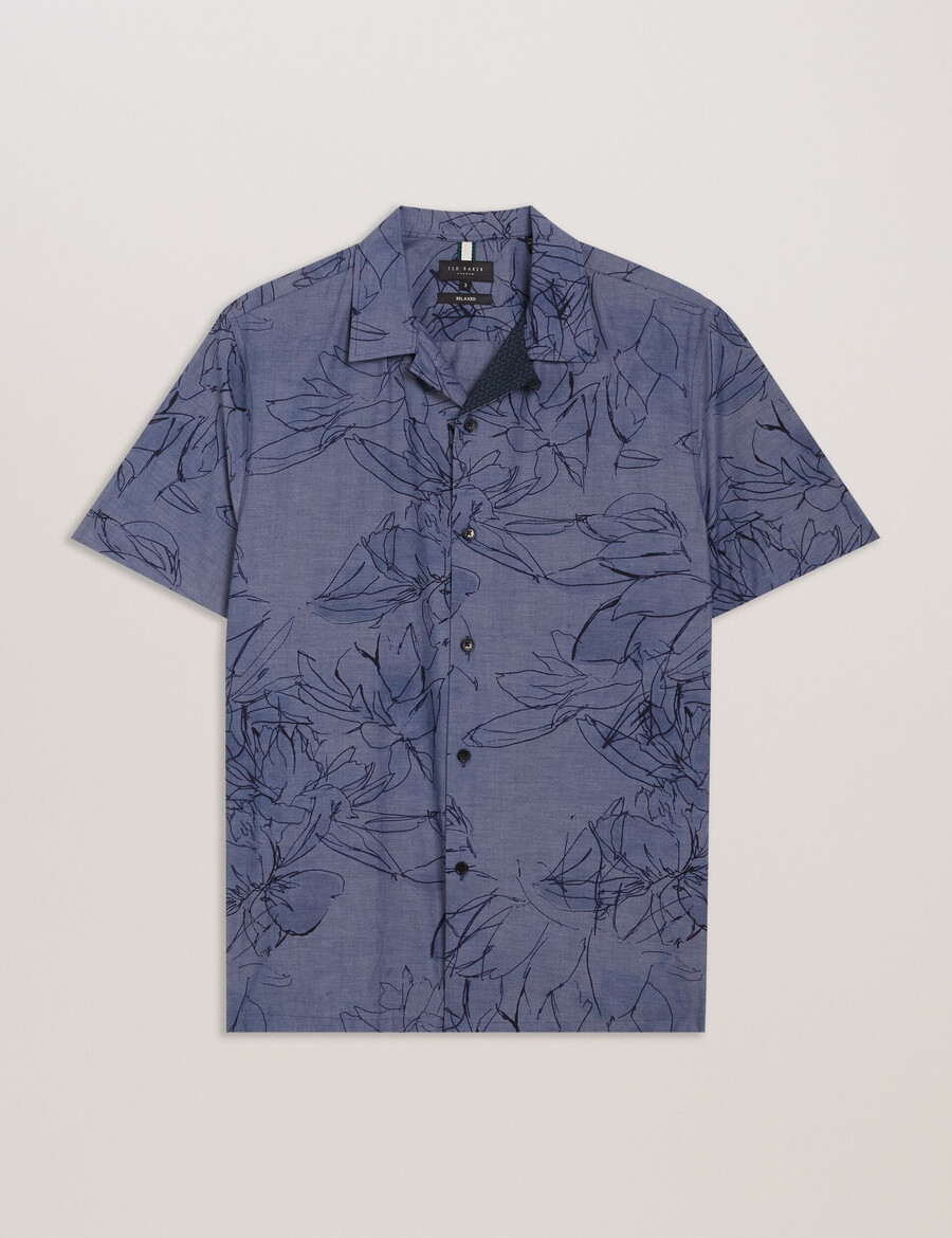 terroni - camisa de algodão chambray floral de manga curta