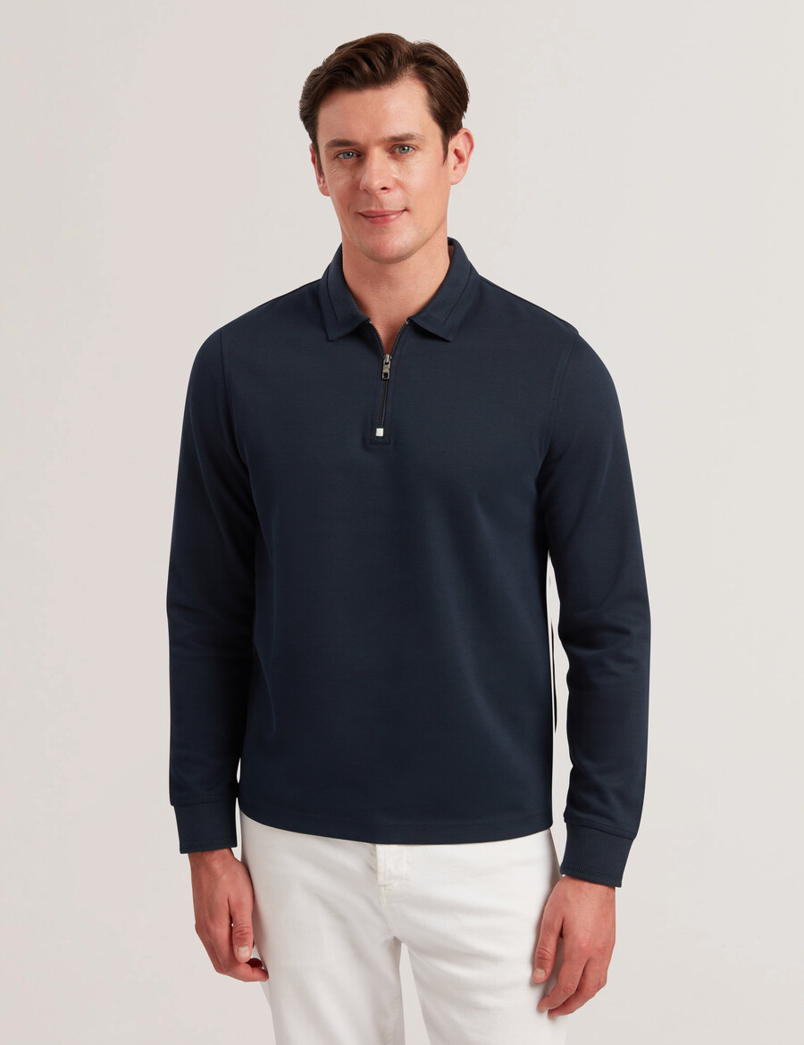 ingmar - camisa polo de manga comprida com zíper em mistura de algodão