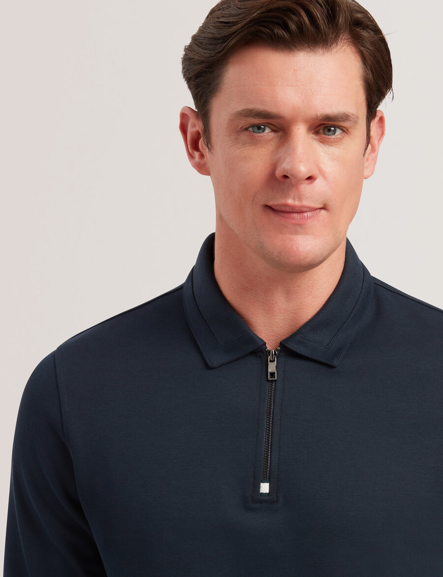ingmar - camisa polo de manga comprida com zíper em mistura de algodão