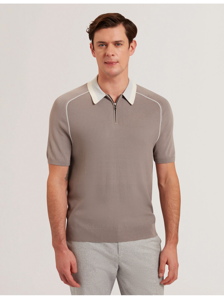 paxto - polo texturizada com zíper e gola listrada
