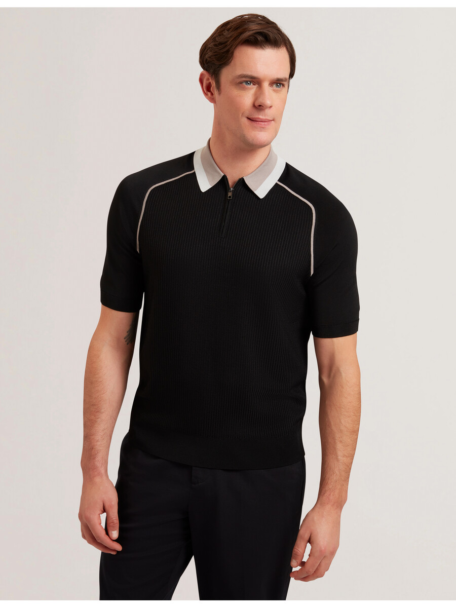paxto - polo texturizada com zíper e gola listrada