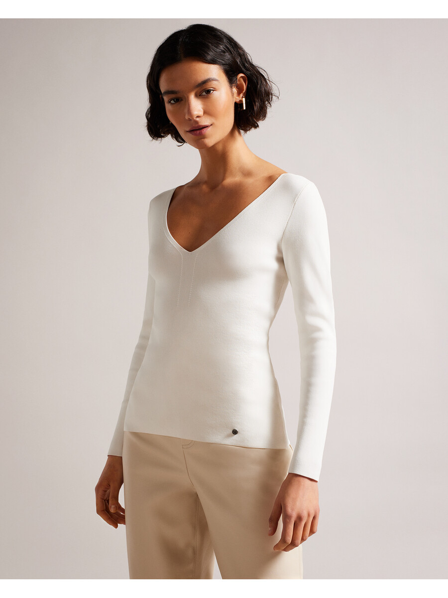 cileste - blusa de malha de manga comprida com decote em v ajustado
