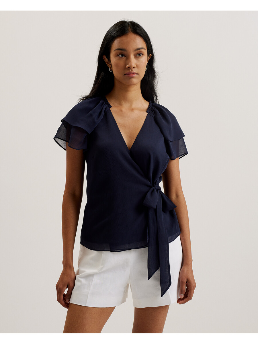nobora - blusa envelope de manga curta com babados em chiffon