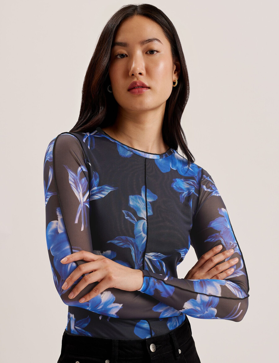 dekotha - blusa de manga comprida em tule com estampa floral