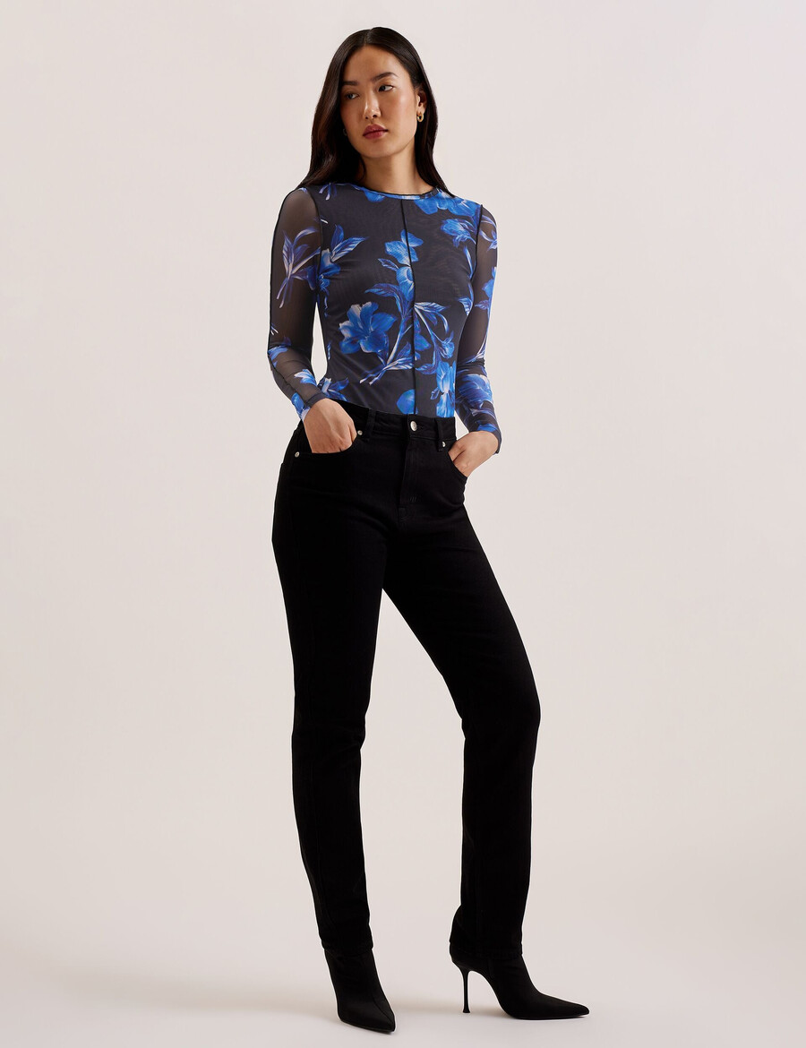 dekotha - blusa de manga comprida em tule com estampa floral