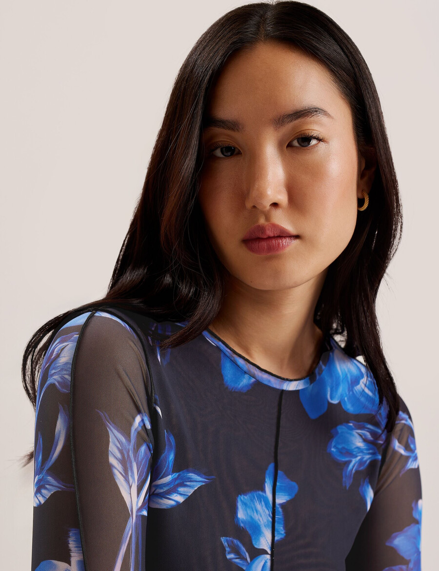 dekotha - blusa de manga comprida em tule com estampa floral