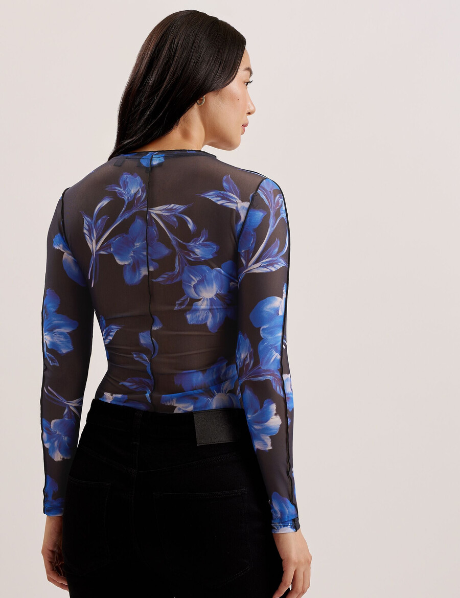 dekotha - blusa de manga comprida em tule com estampa floral