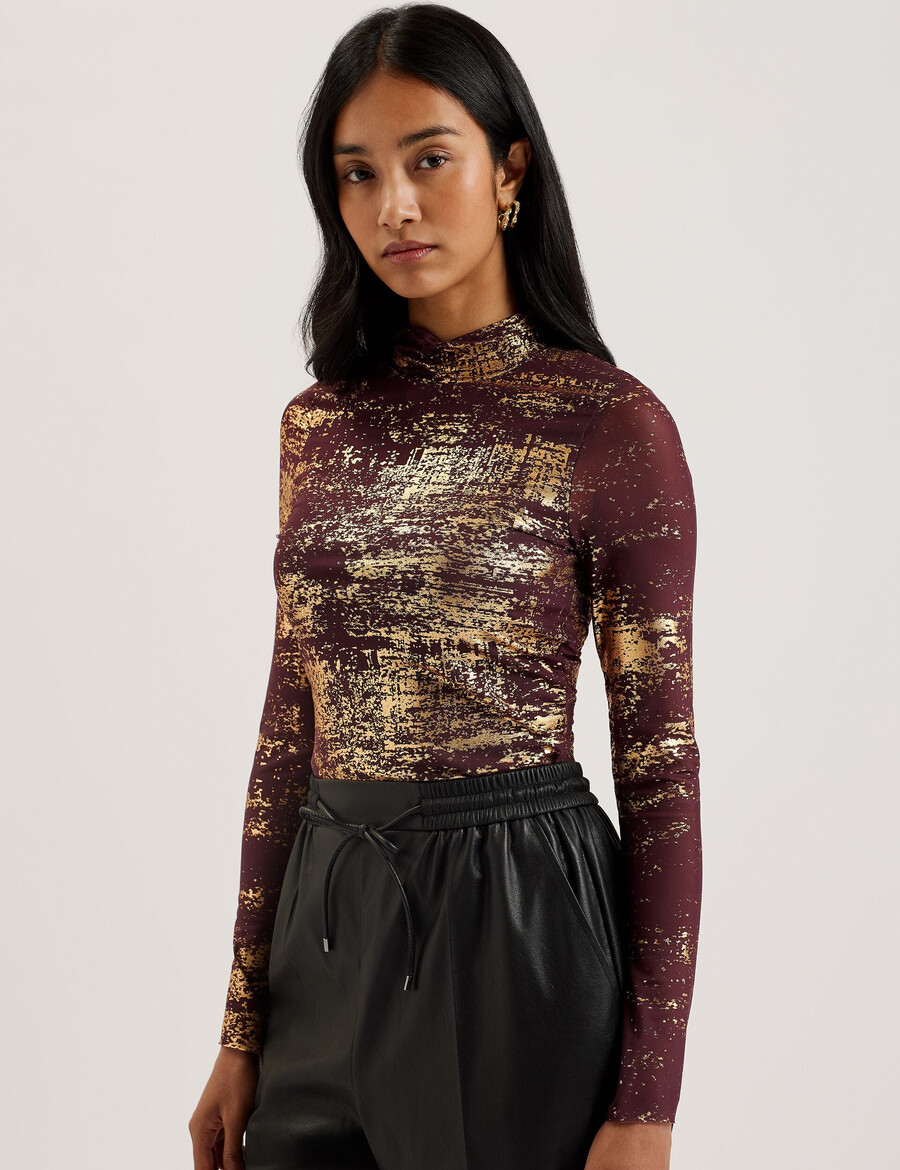 sofiy - blusa de malha com gola alta e estampa metalizada