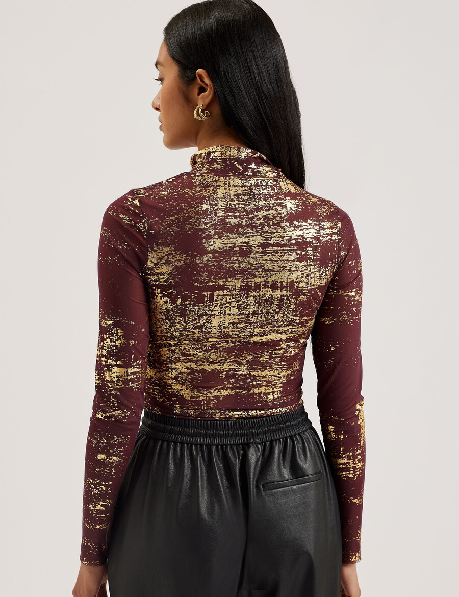 sofiy - blusa de malha com gola alta e estampa metalizada