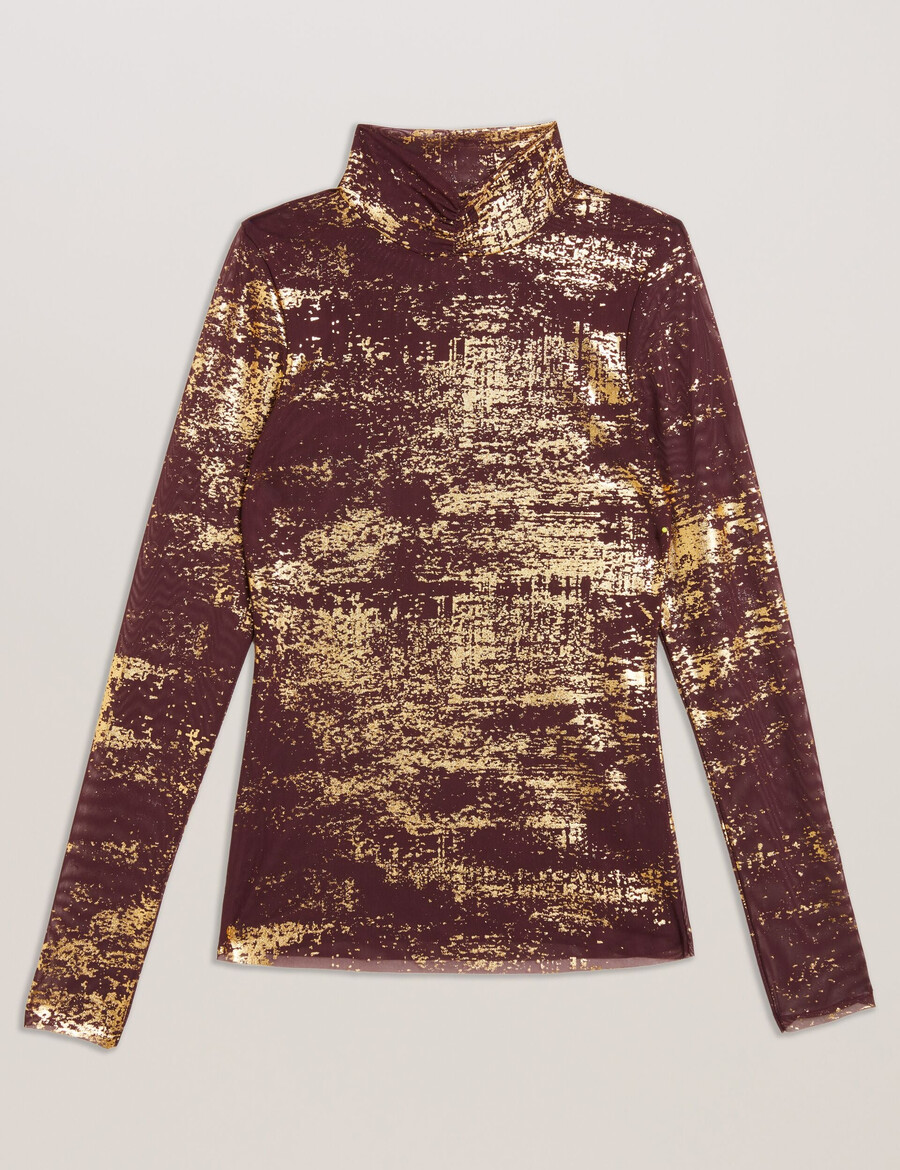 sofiy - blusa de malha com gola alta e estampa metalizada