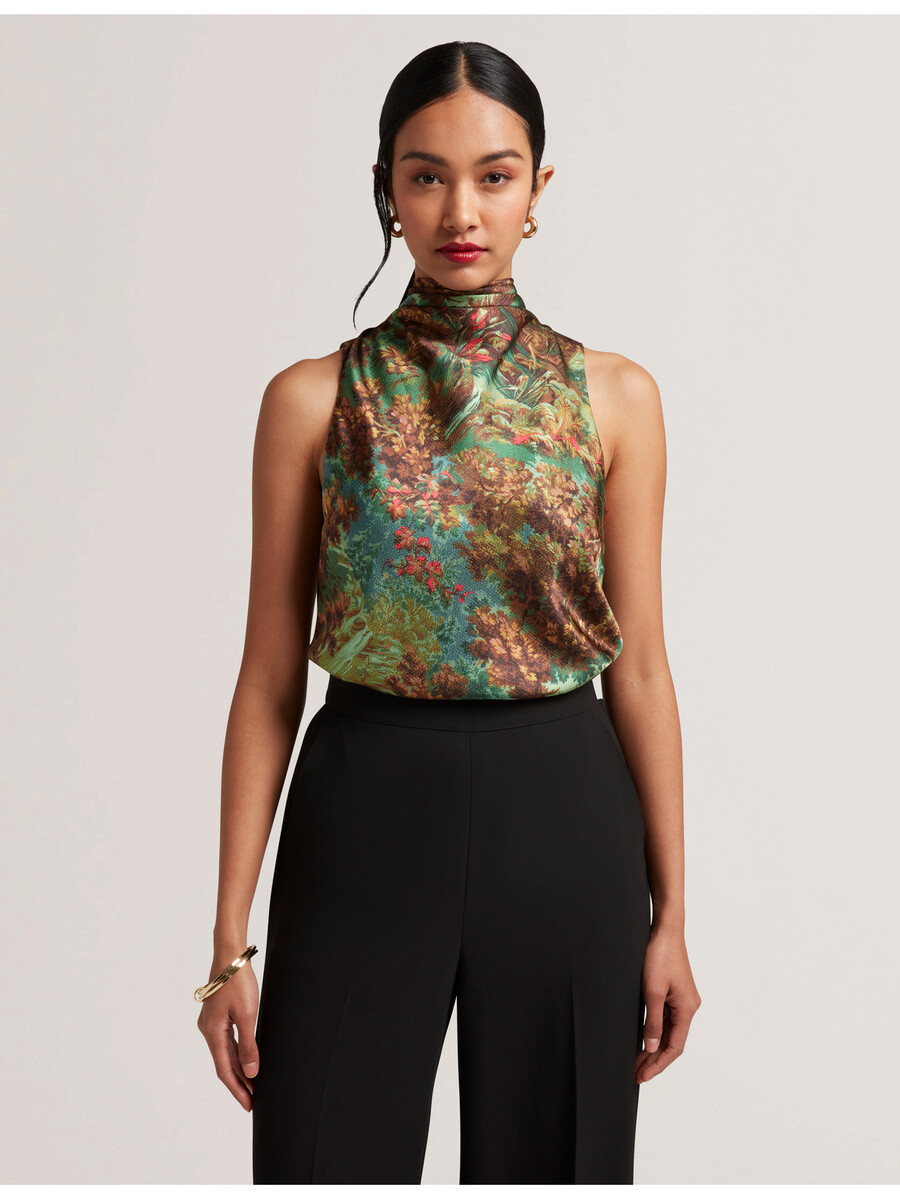 kalnaa - blusa regata de cetim estampada com gola alta e sem mangas