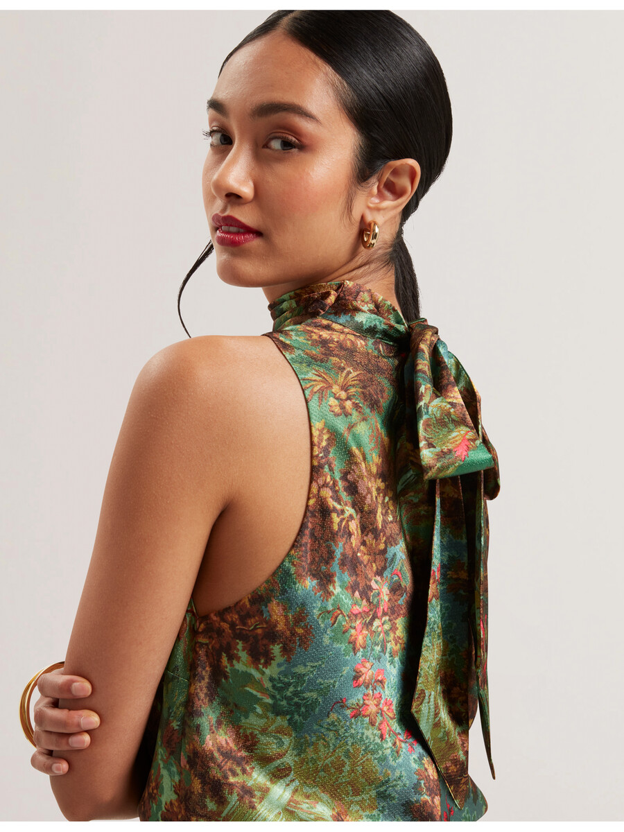 kalnaa - blusa regata de cetim estampada com gola alta e sem mangas